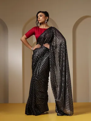 Drop Dead Black and Silver Jaal Saree with Red Satin Blouse Fabric