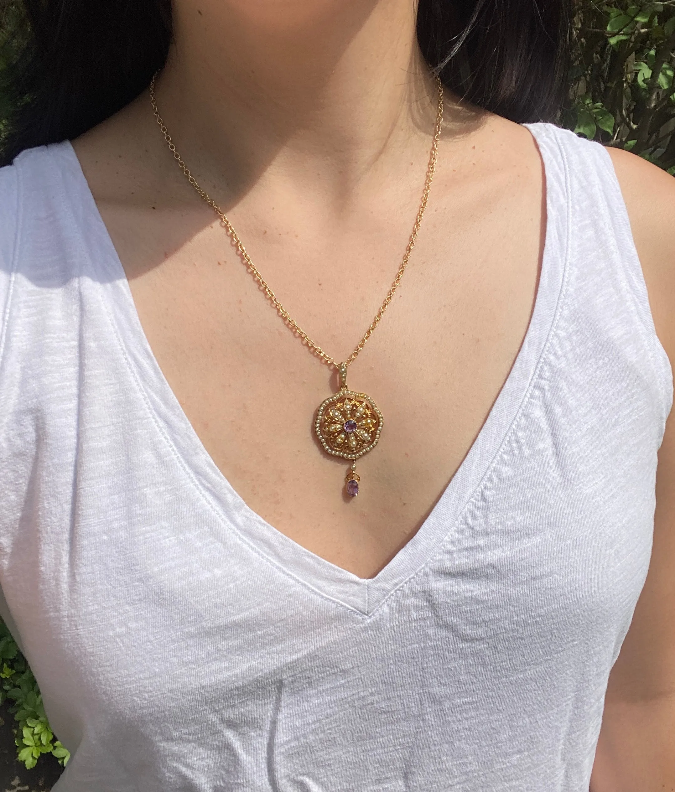 Edwardian Amethyst and Pearl 15K Gold Lavalier Pendant