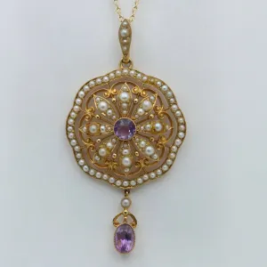 Edwardian Amethyst and Pearl 15K Gold Lavalier Pendant