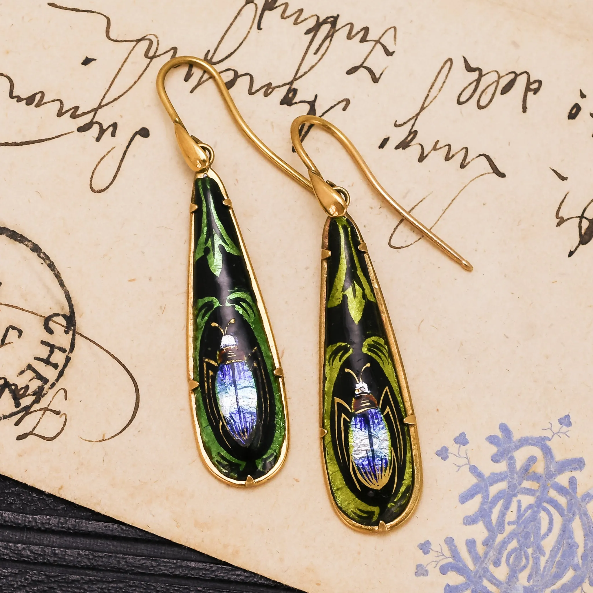 Egyptian Revival Limoges Enamel Beetle Earrings