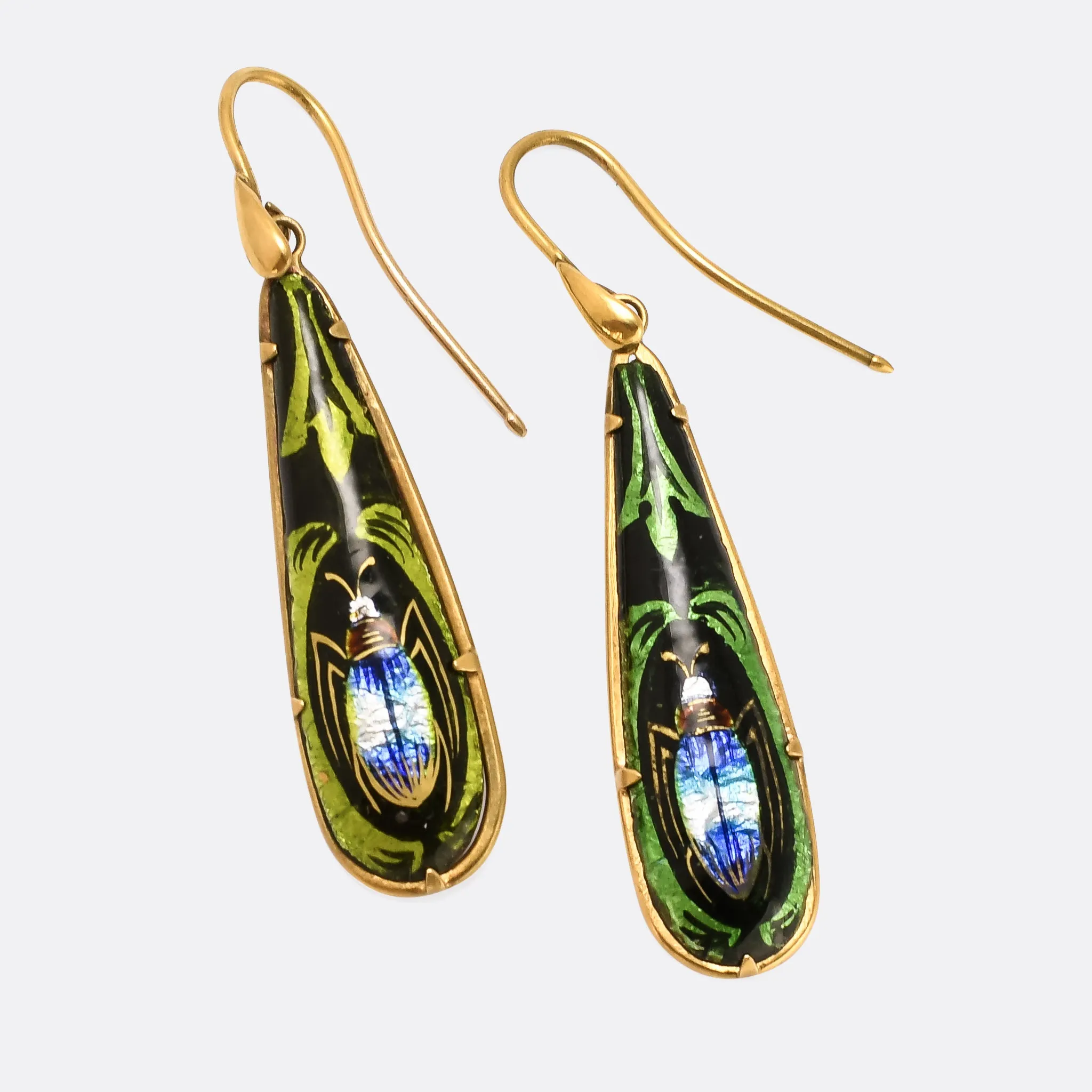 Egyptian Revival Limoges Enamel Beetle Earrings