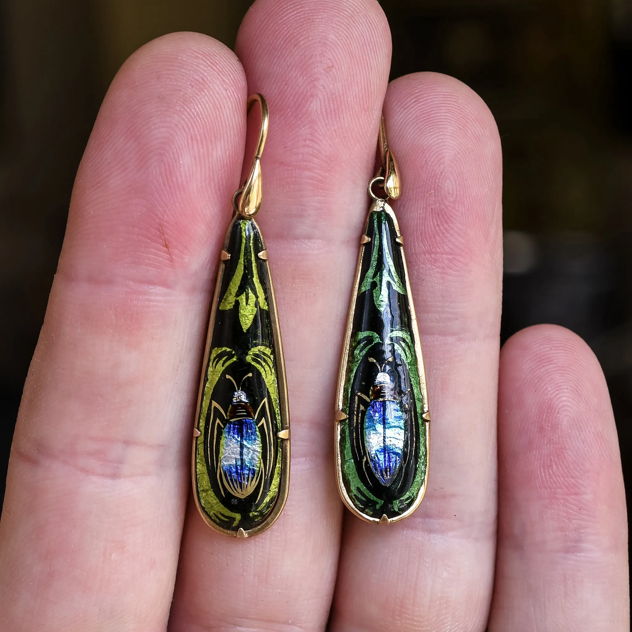Egyptian Revival Limoges Enamel Beetle Earrings