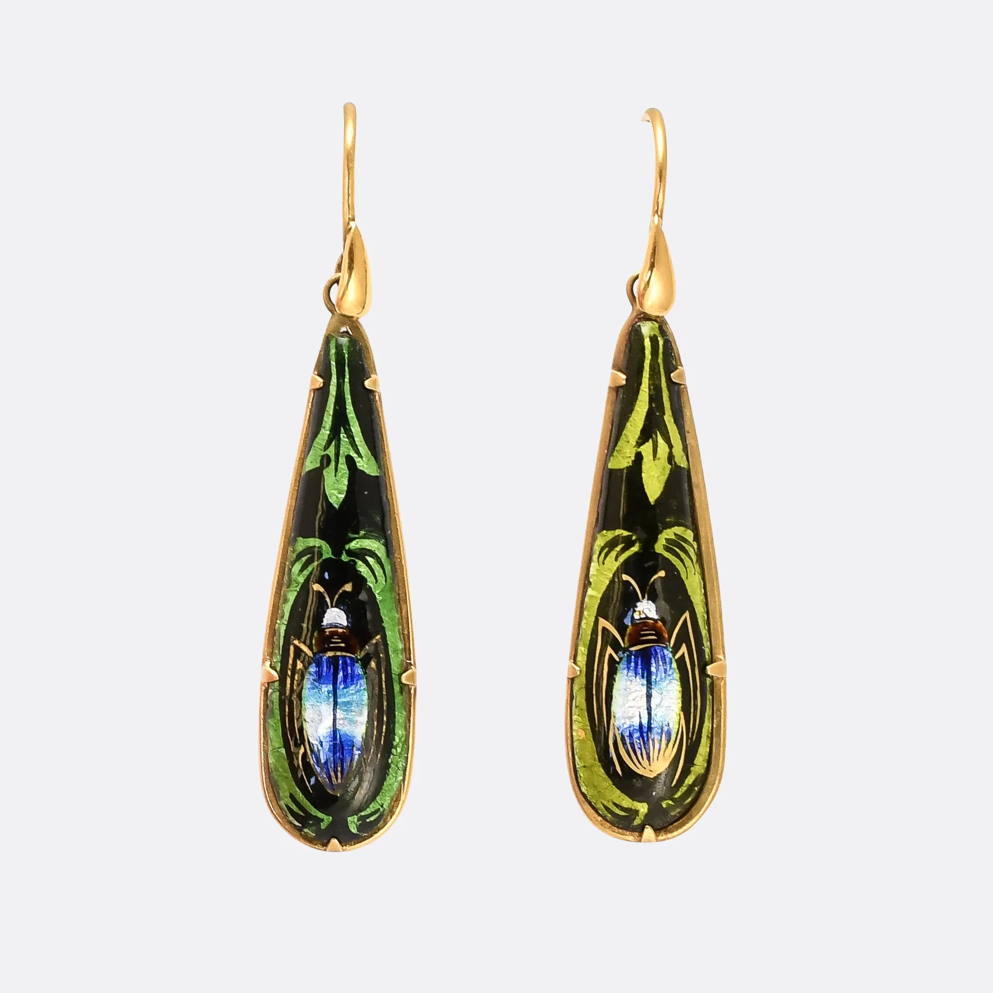 Egyptian Revival Limoges Enamel Beetle Earrings