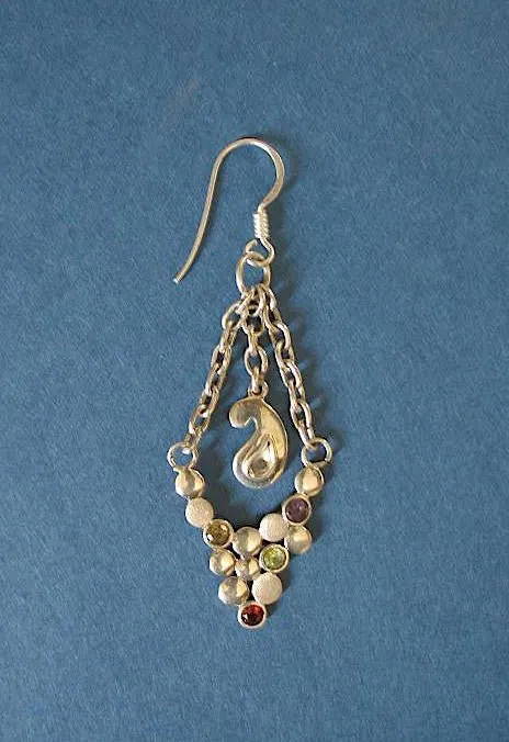 Elegant, paisley motif, gemstones studded, dangling chain earrings