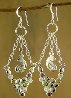 Elegant, paisley motif, gemstones studded, dangling chain earrings