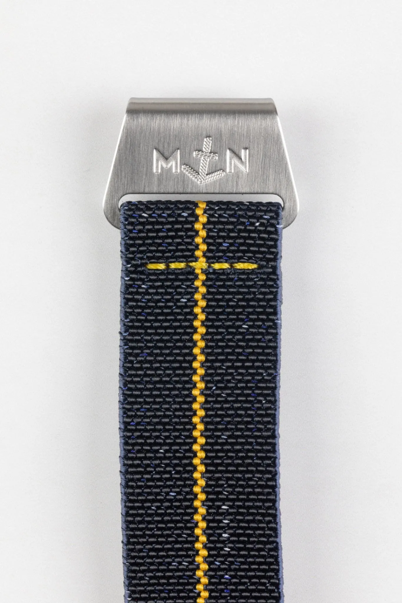 Erika's Originals INDIGO DENIM MN™ Strap with MUSTARD Centerline - BRUSHED Hardware