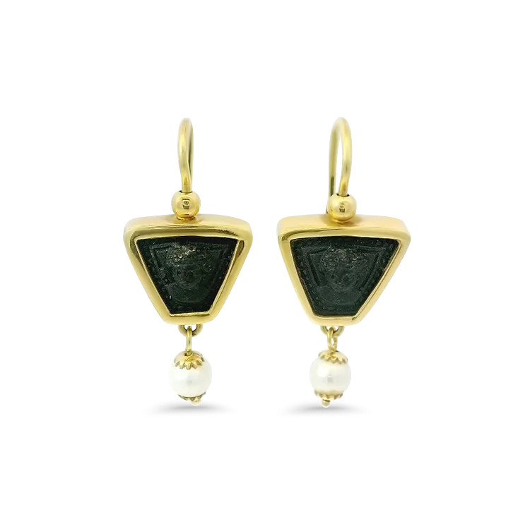 Estate 18k Yellow Gold Lava Cameo and Pearl Earrings