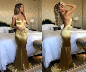 Fabulous Gold Mermaid Spaghetti Straps Long Prom Dresses With Short Train, SP374