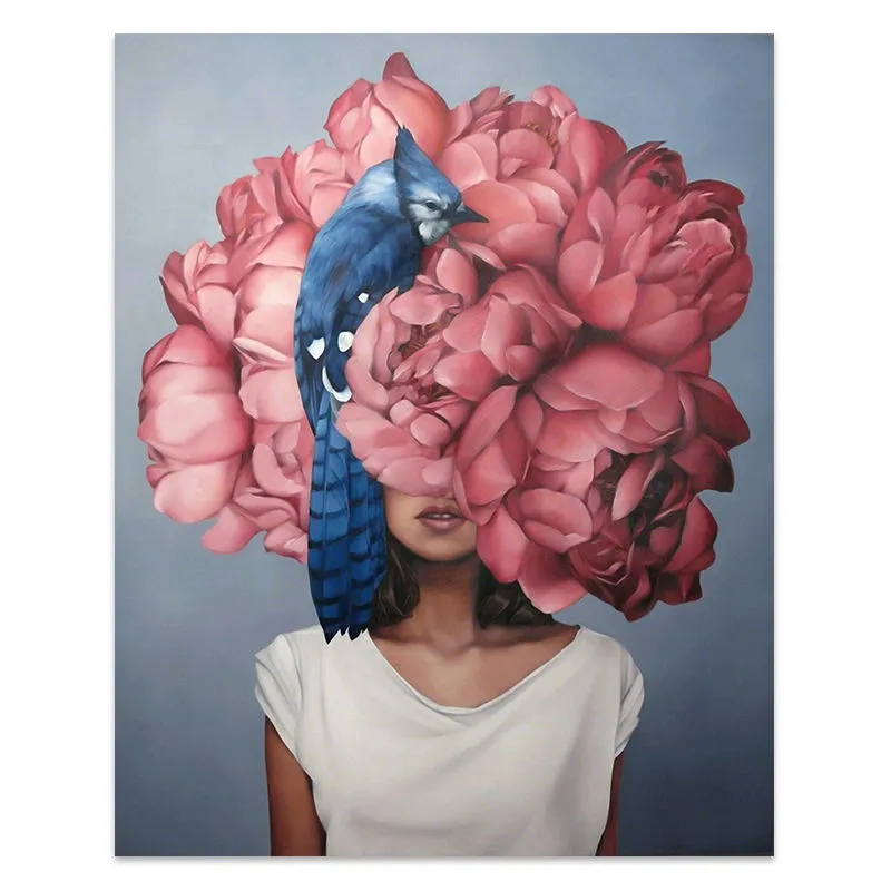 Flowers Feathers Woman Abstract Wall Art