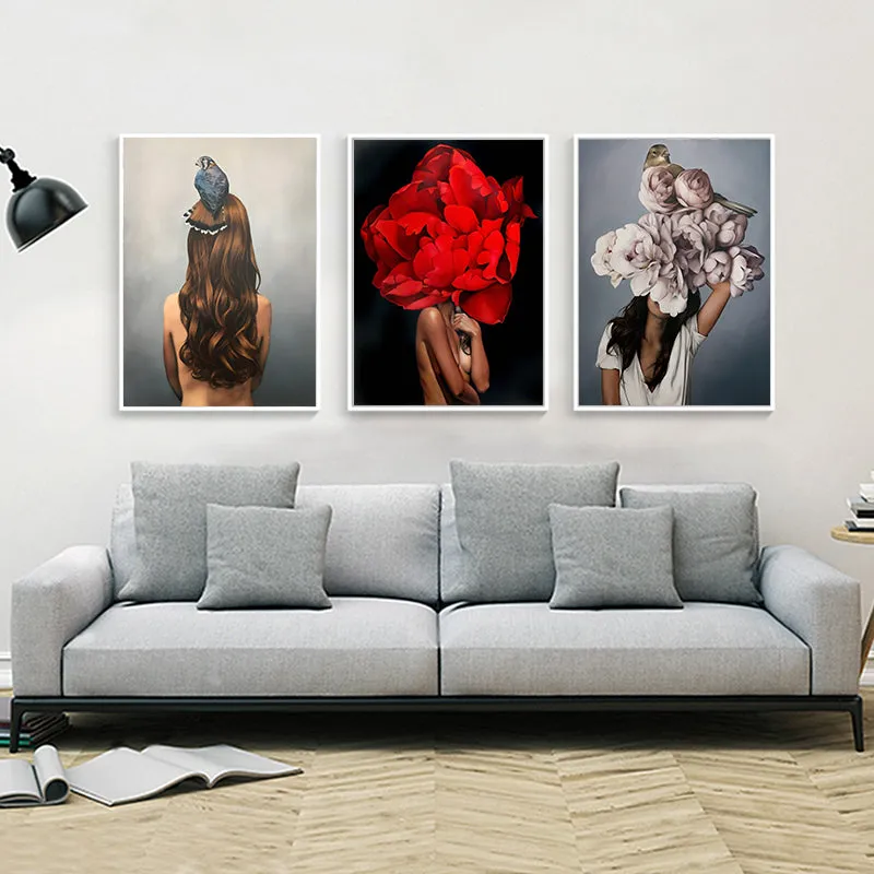 Flowers Feathers Woman Abstract Wall Art