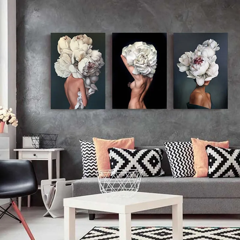 Flowers Feathers Woman Abstract Wall Art