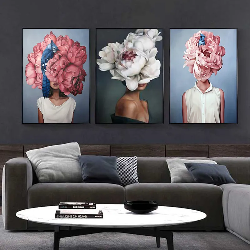 Flowers Feathers Woman Abstract Wall Art