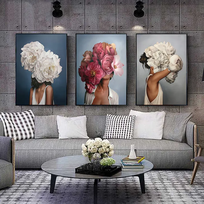 Flowers Feathers Woman Abstract Wall Art