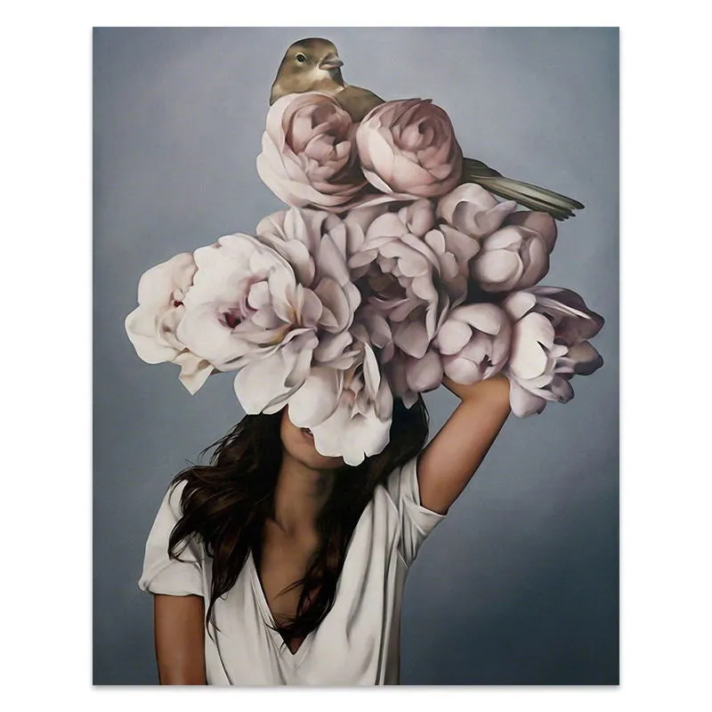 Flowers Feathers Woman Abstract Wall Art