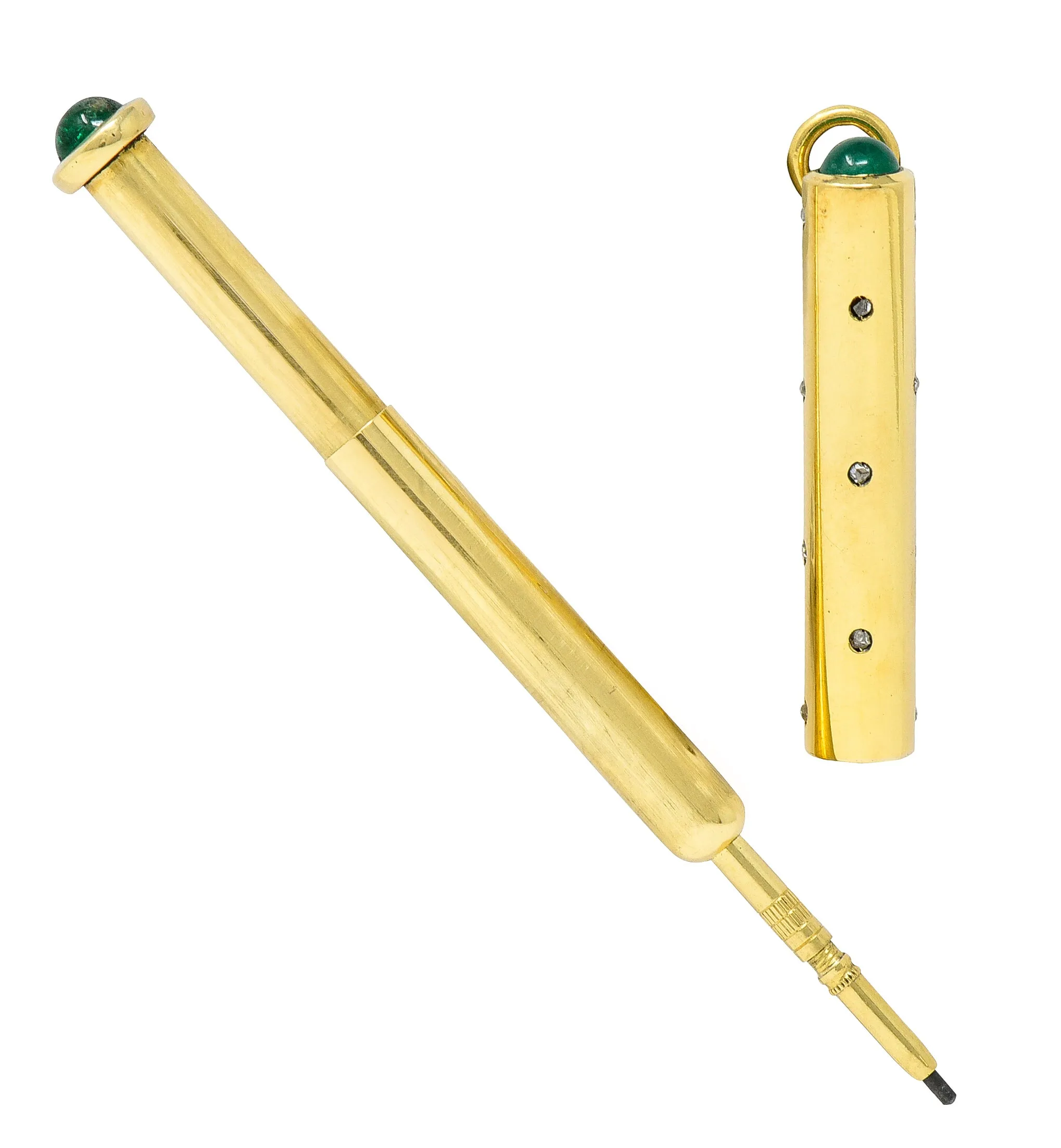 French Victorian Antique 1.15 CTW Emerald Diamond 18 Karat Yellow Gold Mechanical Pencil Chatelaine Pendant Charm