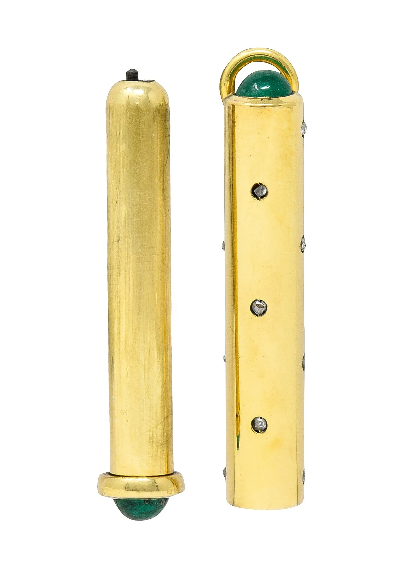 French Victorian Antique 1.15 CTW Emerald Diamond 18 Karat Yellow Gold Mechanical Pencil Chatelaine Pendant Charm