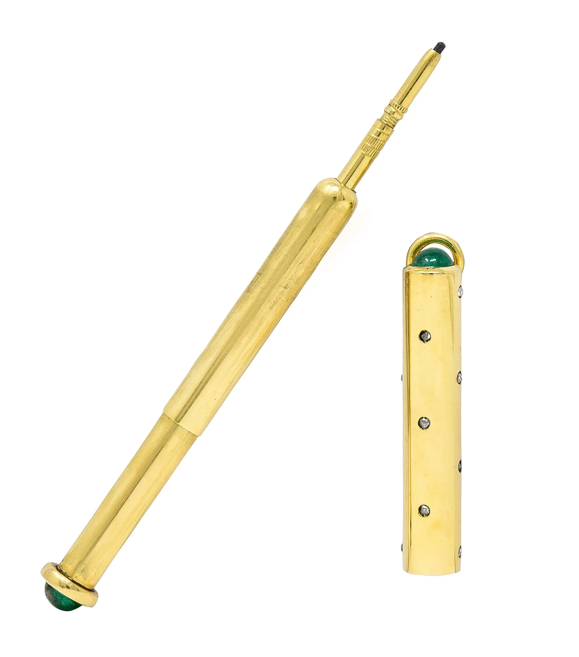 French Victorian Antique 1.15 CTW Emerald Diamond 18 Karat Yellow Gold Mechanical Pencil Chatelaine Pendant Charm