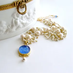 Freshwater Pearls Cornflower Blue Intaglio Venetian Glass Cameo Adjustable Choker Necklace - Taormina Necklace