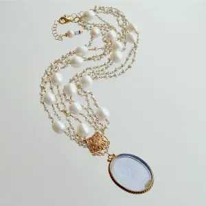 Freshwater Pearls Cornflower Blue Venetian Glass Intaglio Cameo Necklace - Taormina III Necklace