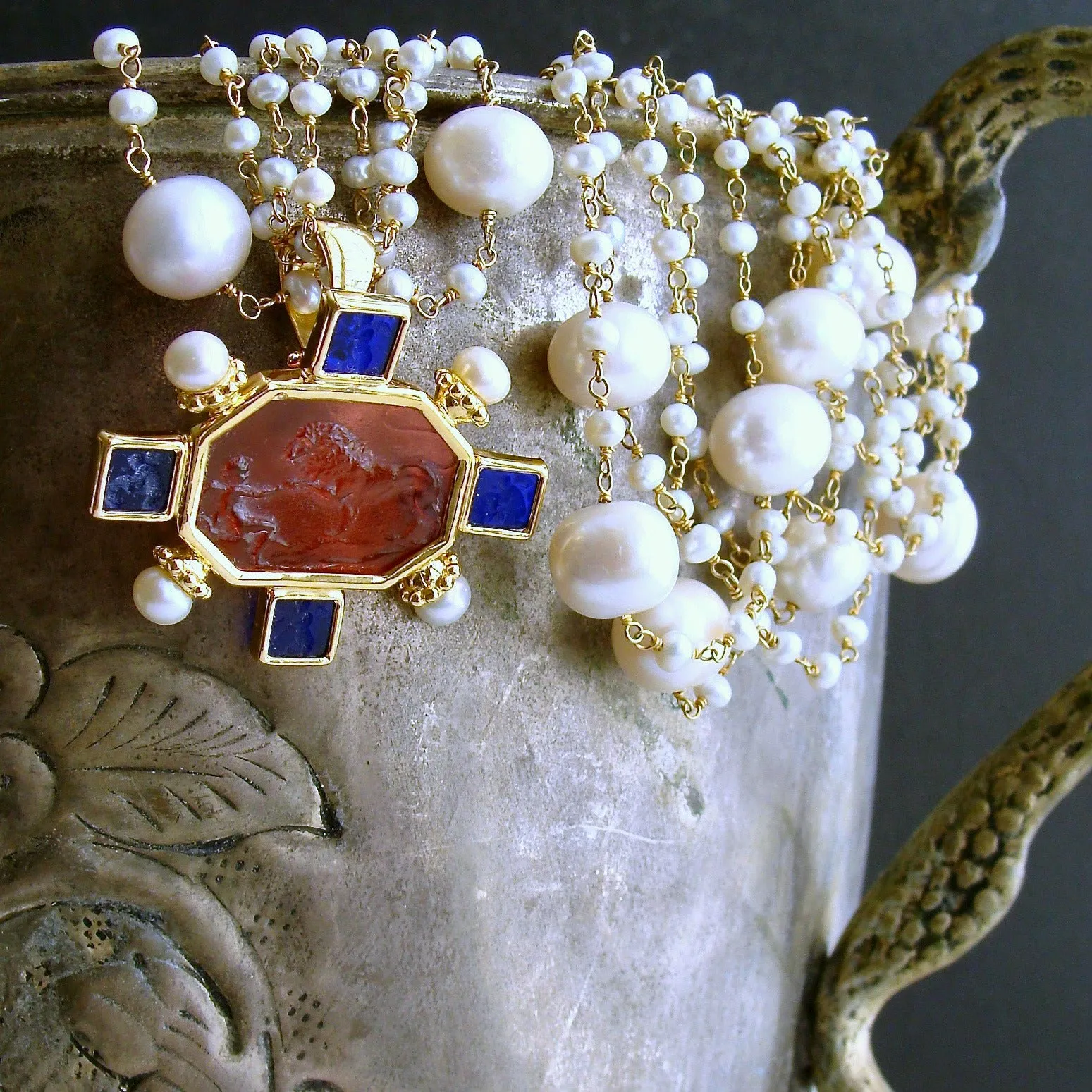 Freshwater Pearls Salmon Pink and Cobalt Blue Venetian Glass Intaglio Cameo Necklace - Tellaro Necklace