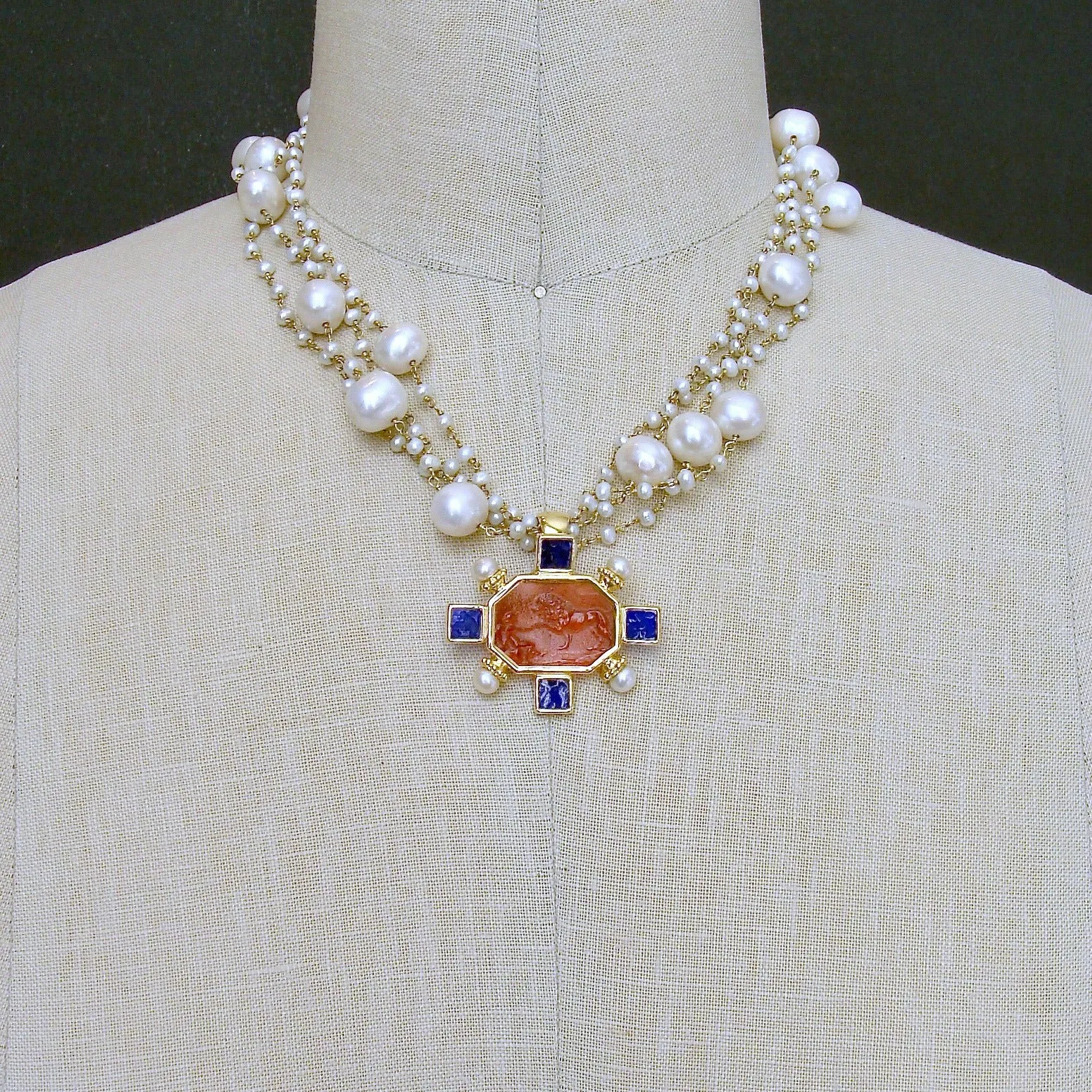 Freshwater Pearls Salmon Pink and Cobalt Blue Venetian Glass Intaglio Cameo Necklace - Tellaro Necklace