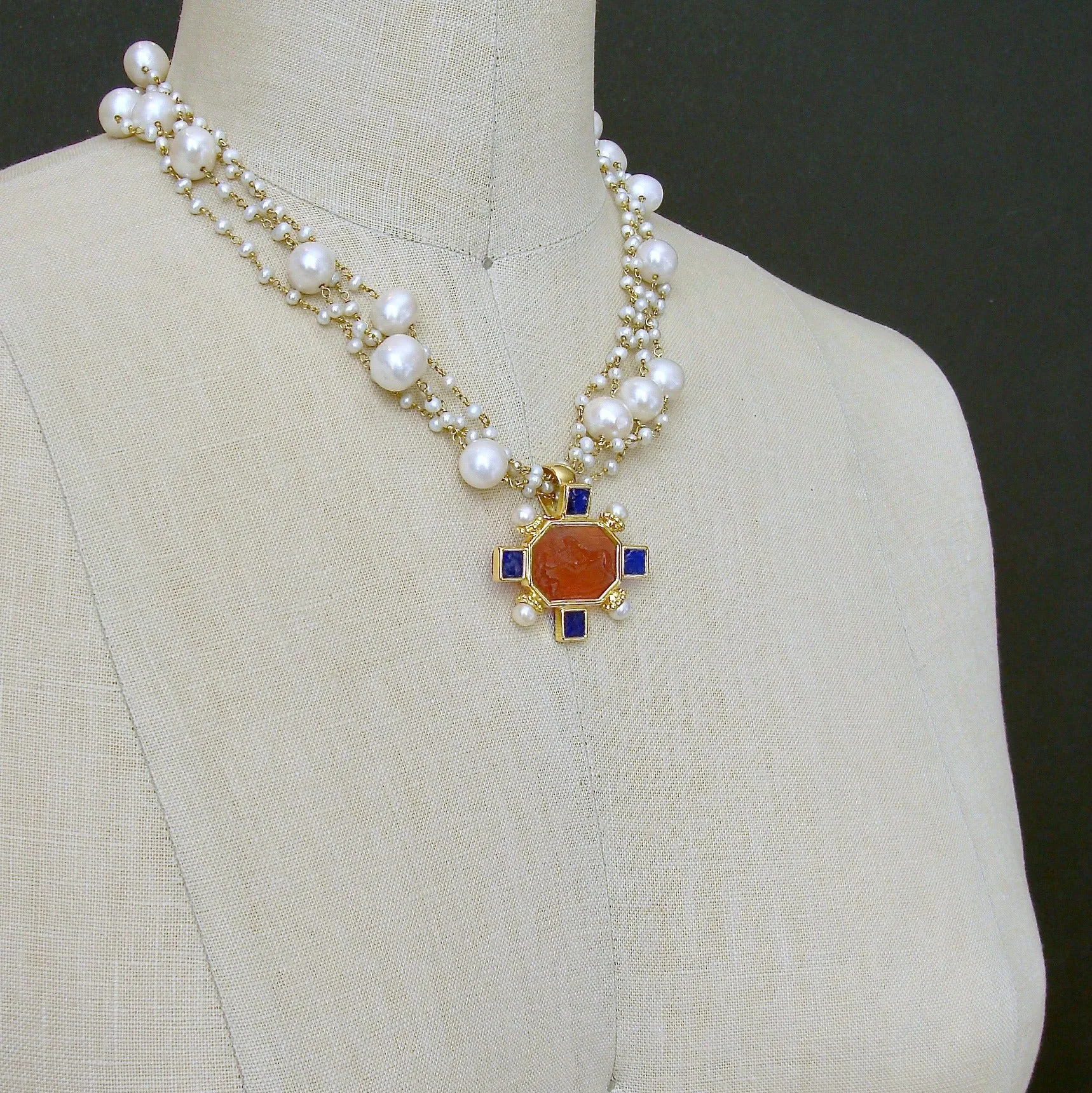 Freshwater Pearls Salmon Pink and Cobalt Blue Venetian Glass Intaglio Cameo Necklace - Tellaro Necklace