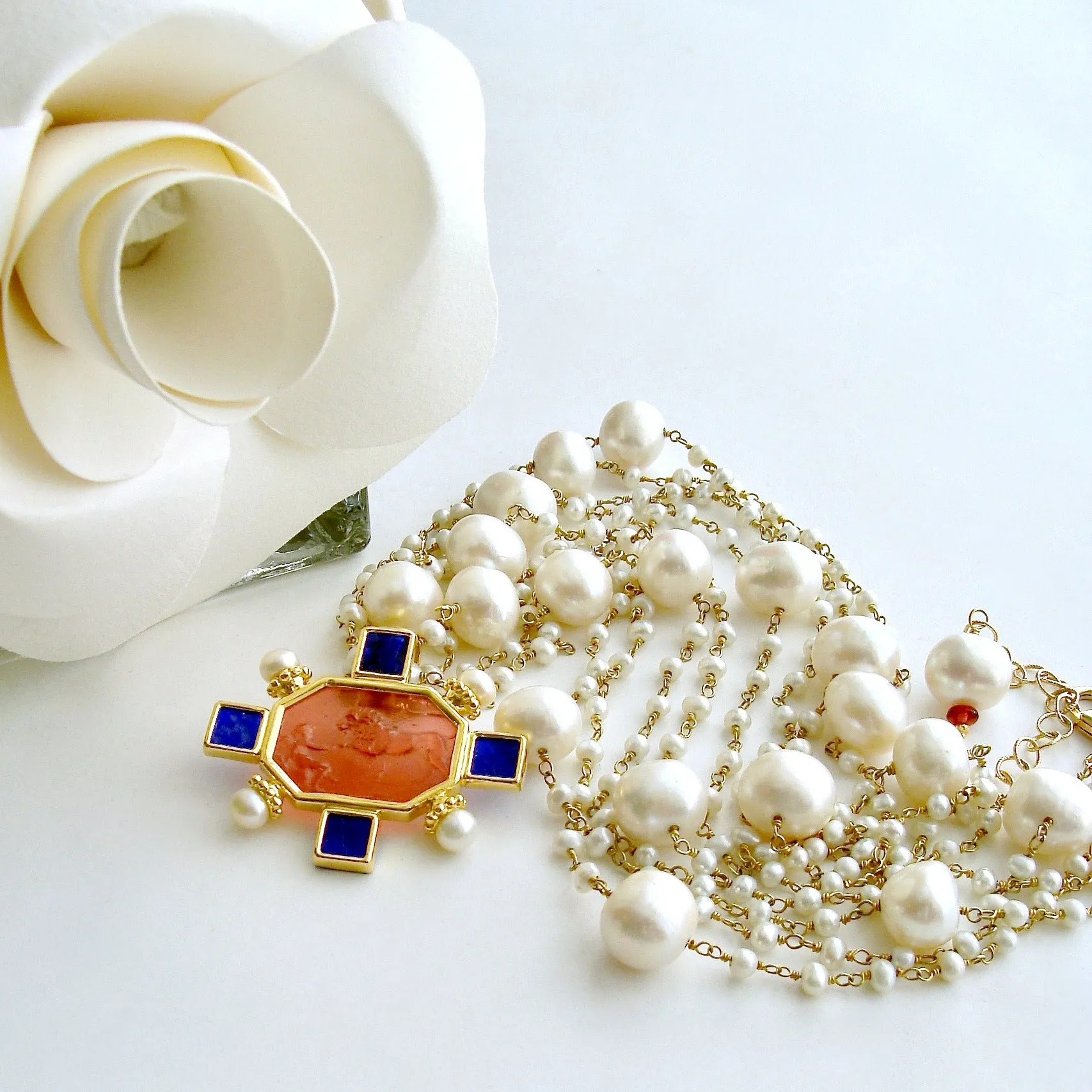Freshwater Pearls Salmon Pink and Cobalt Blue Venetian Glass Intaglio Cameo Necklace - Tellaro Necklace
