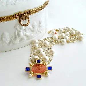 Freshwater Pearls Salmon Pink and Cobalt Blue Venetian Glass Intaglio Cameo Necklace - Tellaro Necklace