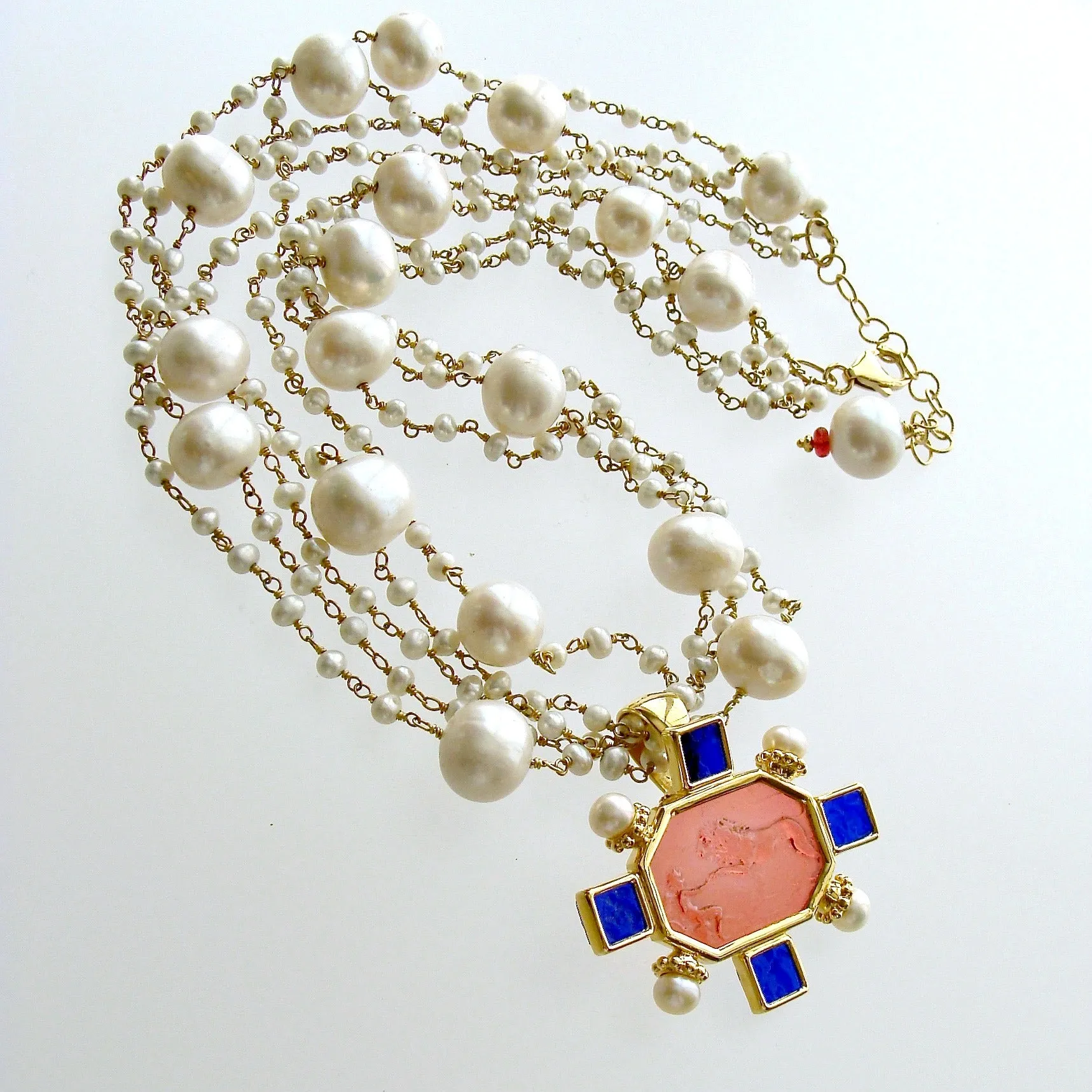 Freshwater Pearls Salmon Pink and Cobalt Blue Venetian Glass Intaglio Cameo Necklace - Tellaro Necklace