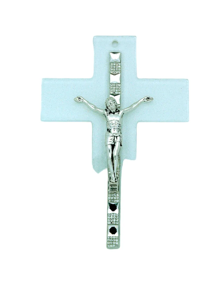 Genuine Murano Glass Crucifix - Clear with Crystals, 8 in