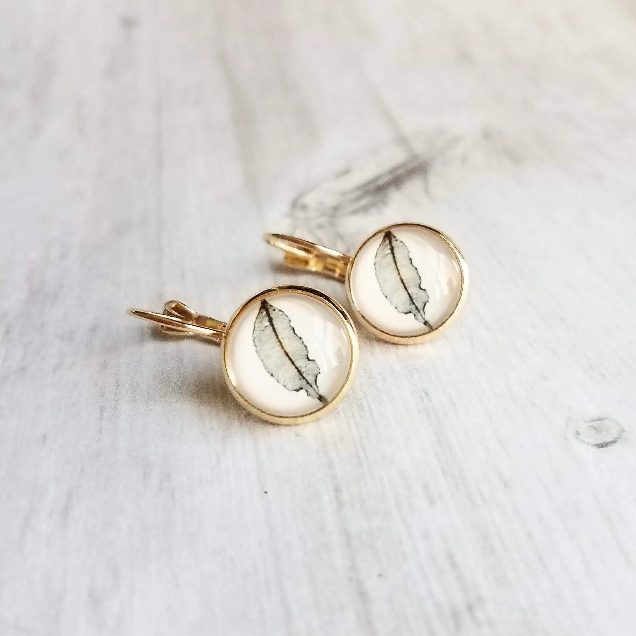 Gold Leaf Lever back Earrings, sepia print, leaf print earrings, leaf earrings, round bezel, 14K GP leaves lever back, simple leverback