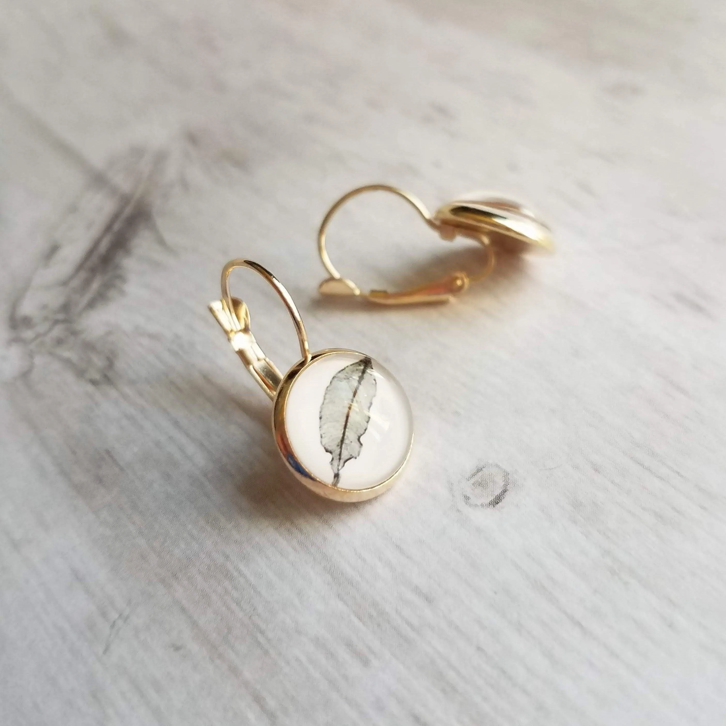 Gold Leaf Lever back Earrings, sepia print, leaf print earrings, leaf earrings, round bezel, 14K GP leaves lever back, simple leverback