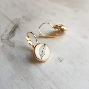 Gold Leaf Lever back Earrings, sepia print, leaf print earrings, leaf earrings, round bezel, 14K GP leaves lever back, simple leverback