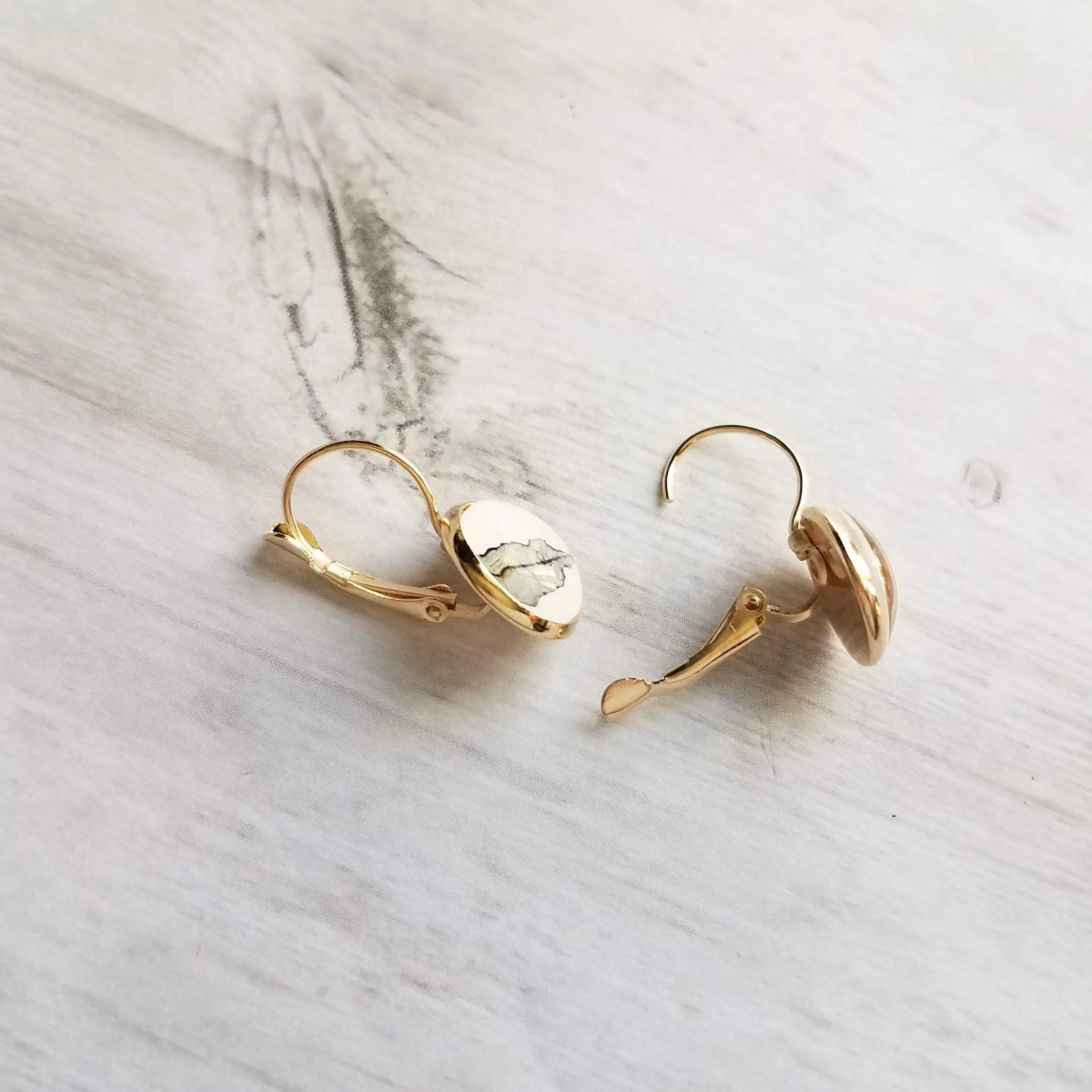 Gold Leaf Lever back Earrings, sepia print, leaf print earrings, leaf earrings, round bezel, 14K GP leaves lever back, simple leverback