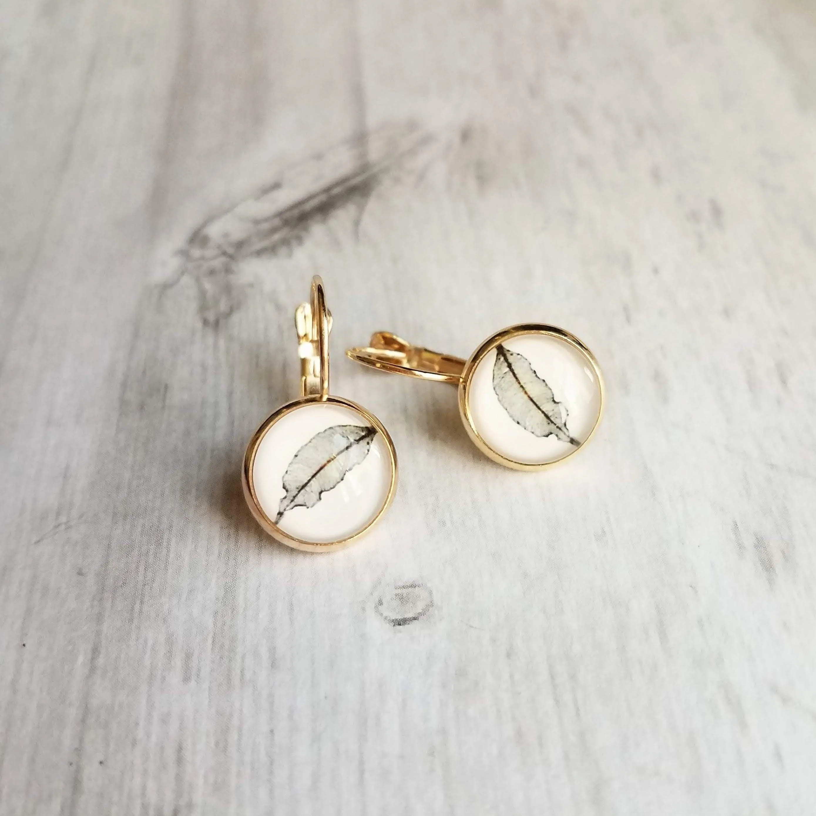 Gold Leaf Lever back Earrings, sepia print, leaf print earrings, leaf earrings, round bezel, 14K GP leaves lever back, simple leverback