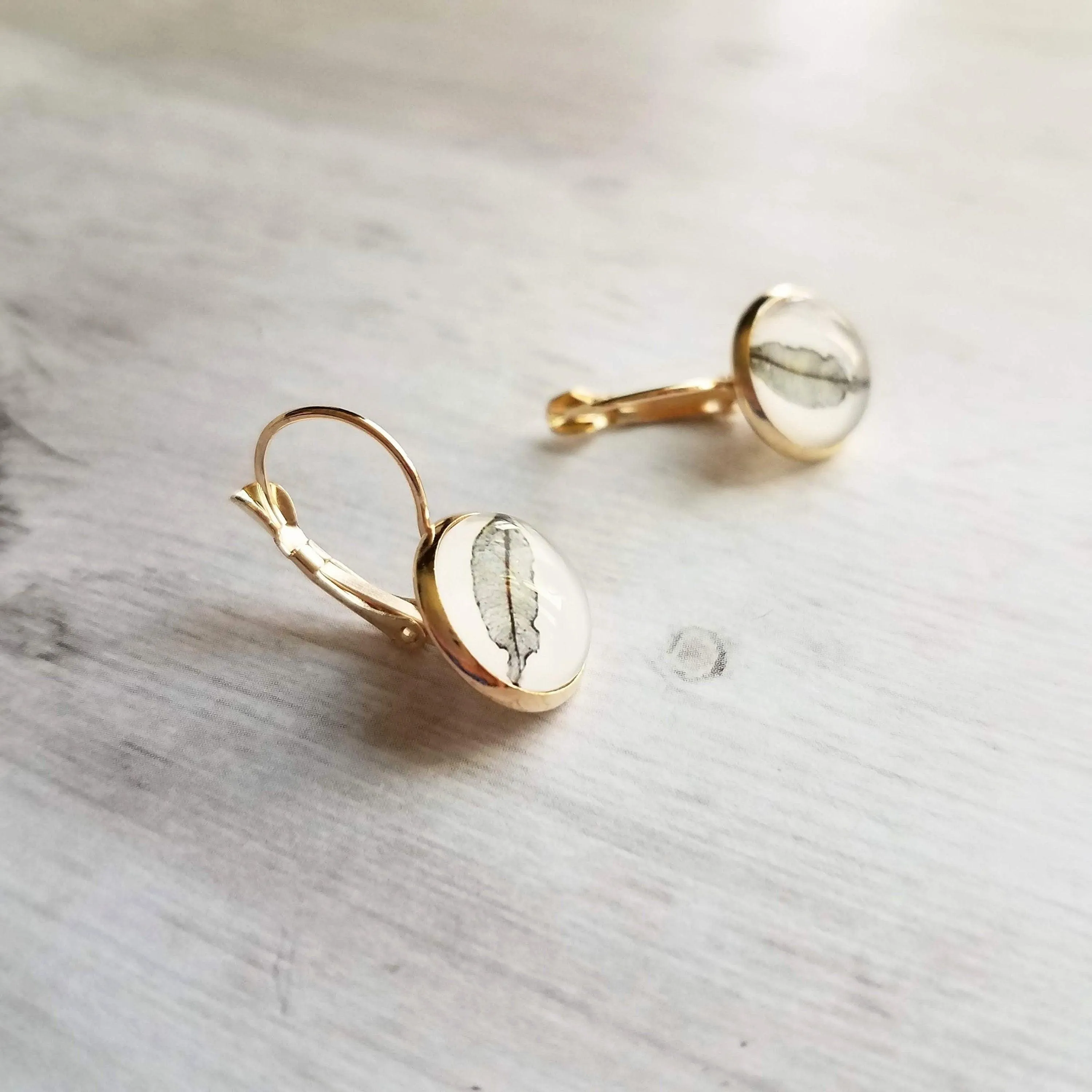 Gold Leaf Lever back Earrings, sepia print, leaf print earrings, leaf earrings, round bezel, 14K GP leaves lever back, simple leverback