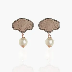 Greek Medusa Cameo Wide Stud Earrings with Freshwater Pearl Dangle
