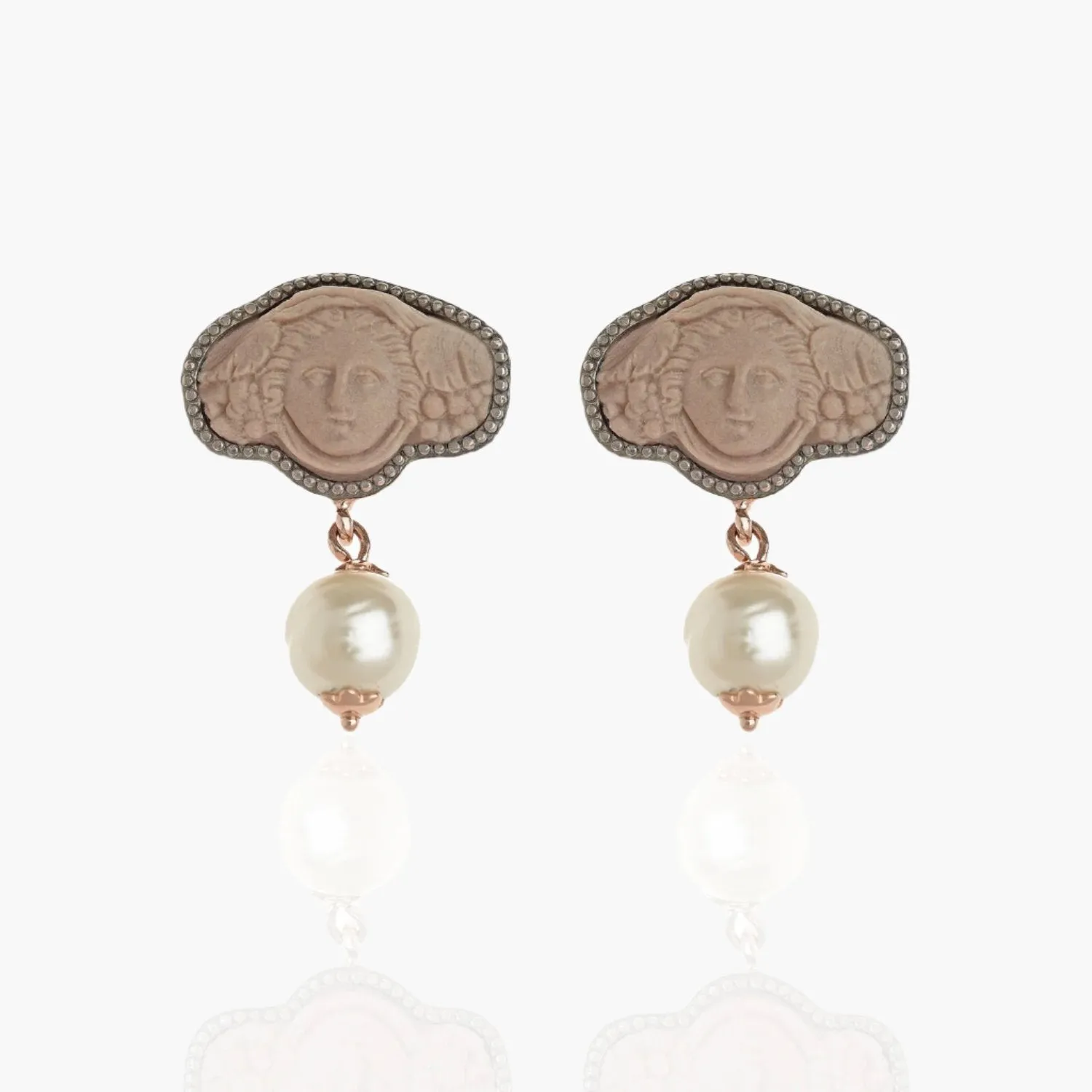 Greek Medusa Cameo Wide Stud Earrings with Freshwater Pearl Dangle