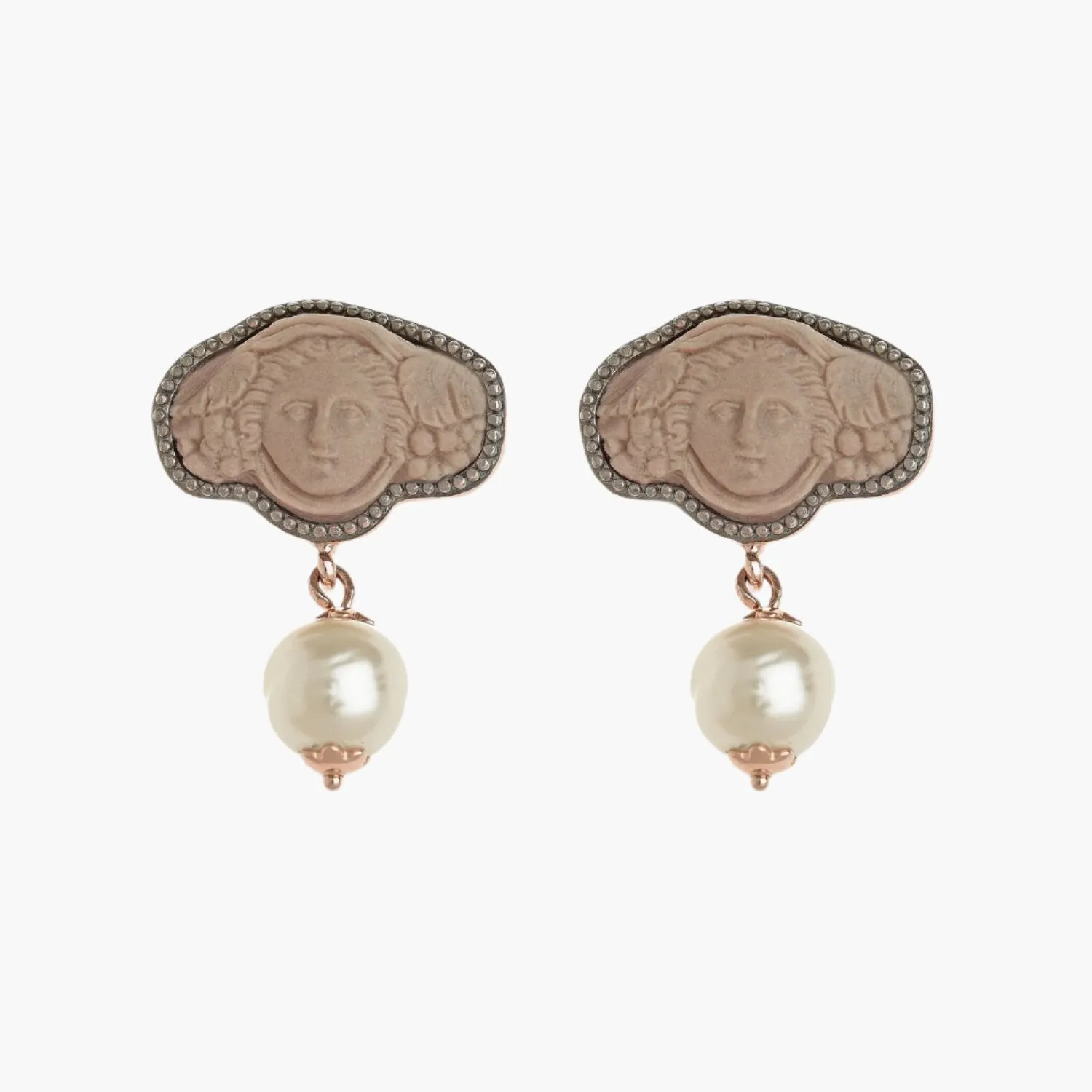 Greek Medusa Cameo Wide Stud Earrings with Freshwater Pearl Dangle
