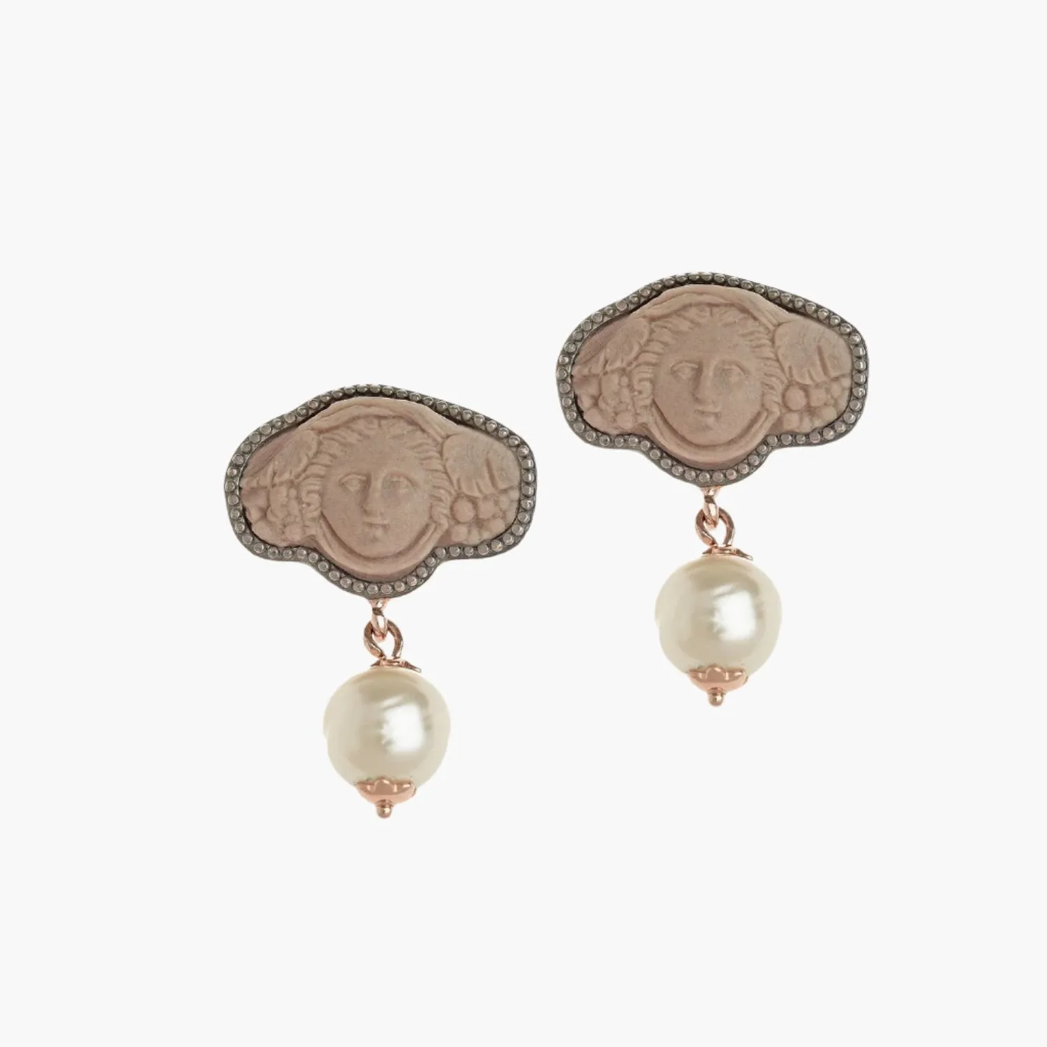 Greek Medusa Cameo Wide Stud Earrings with Freshwater Pearl Dangle