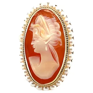 Hand Carved Italian Shell Cameo 14k Yellow Gold Filigree Seed Pearl Ring