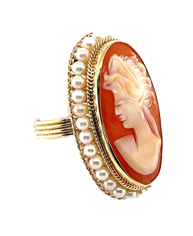 Hand Carved Italian Shell Cameo 14k Yellow Gold Filigree Seed Pearl Ring