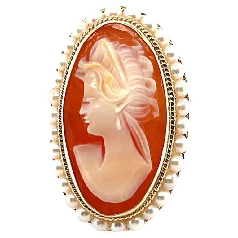 Hand Carved Italian Shell Cameo 14k Yellow Gold Filigree Seed Pearl Ring