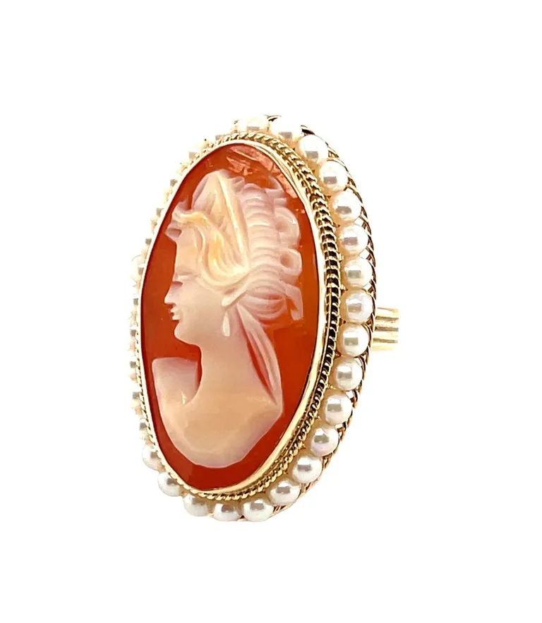 Hand Carved Italian Shell Cameo 14k Yellow Gold Filigree Seed Pearl Ring