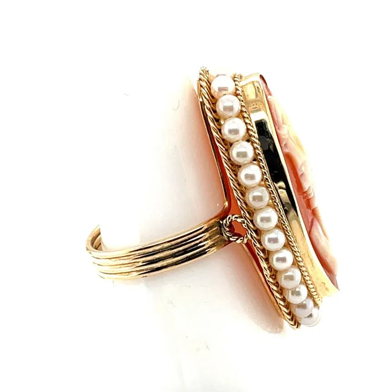 Hand Carved Italian Shell Cameo 14k Yellow Gold Filigree Seed Pearl Ring