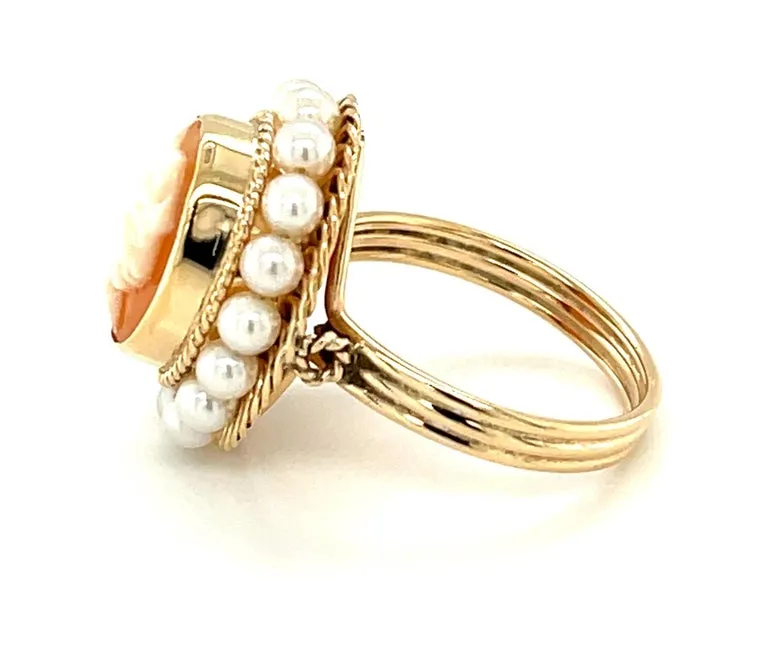 Hand Carved Italian Shell Cameo Filigree Seed Pearl Ring in 14k Yellow Gold