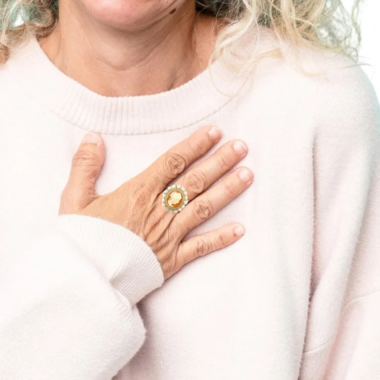 Hand Carved Italian Shell Cameo Filigree Seed Pearl Ring in 14k Yellow Gold