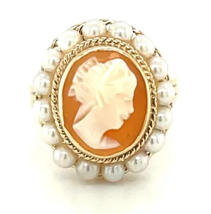 Hand Carved Italian Shell Cameo Filigree Seed Pearl Ring in 14k Yellow Gold