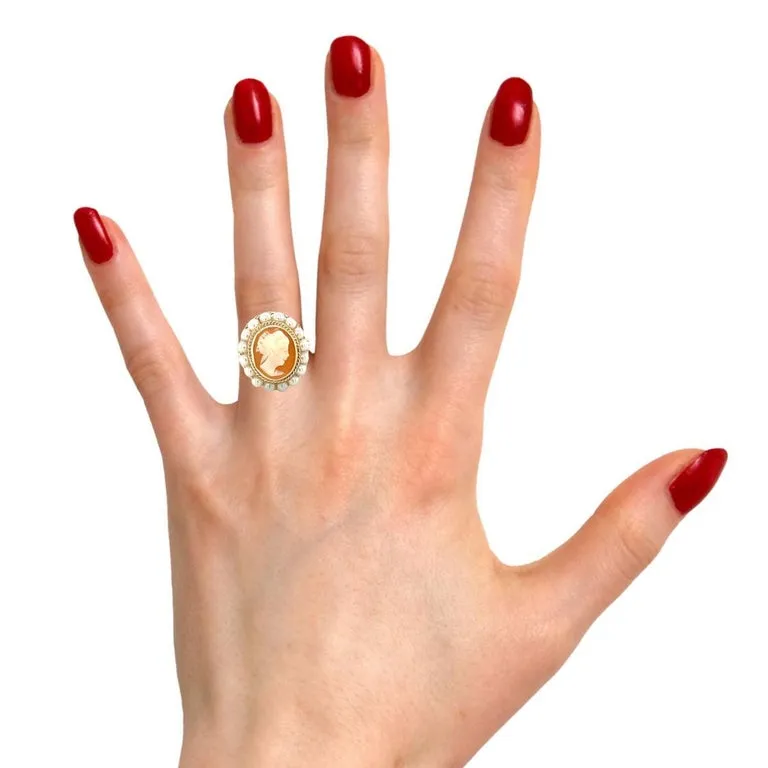 Hand Carved Italian Shell Cameo Filigree Seed Pearl Ring in 14k Yellow Gold