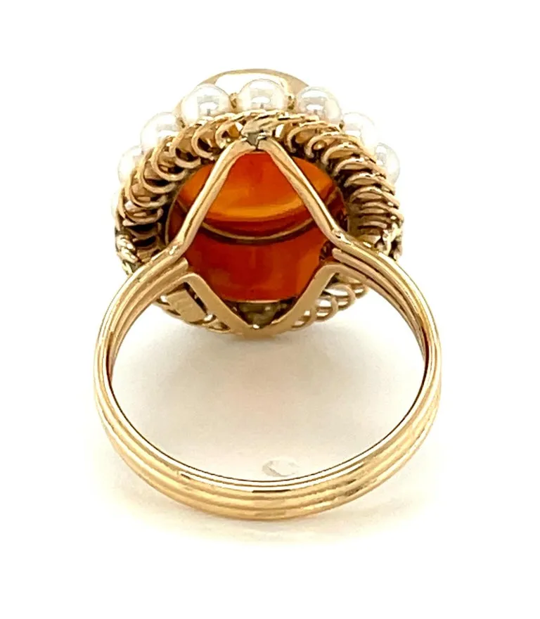 Hand Carved Italian Shell Cameo Filigree Seed Pearl Ring in 14k Yellow Gold